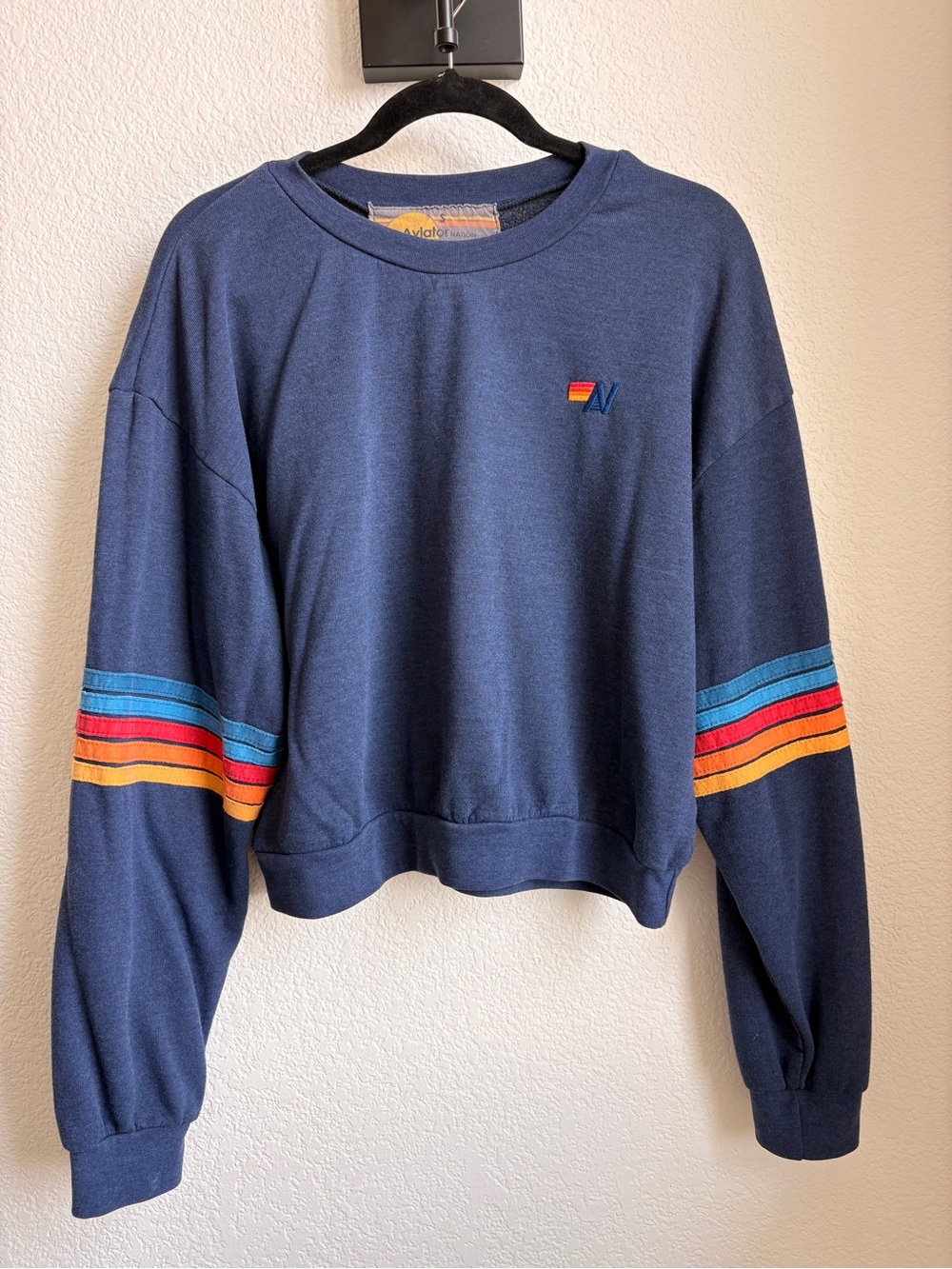 Aviator Nation Navy Cropped Sweatshirt with 5 stripe rugby sleeves